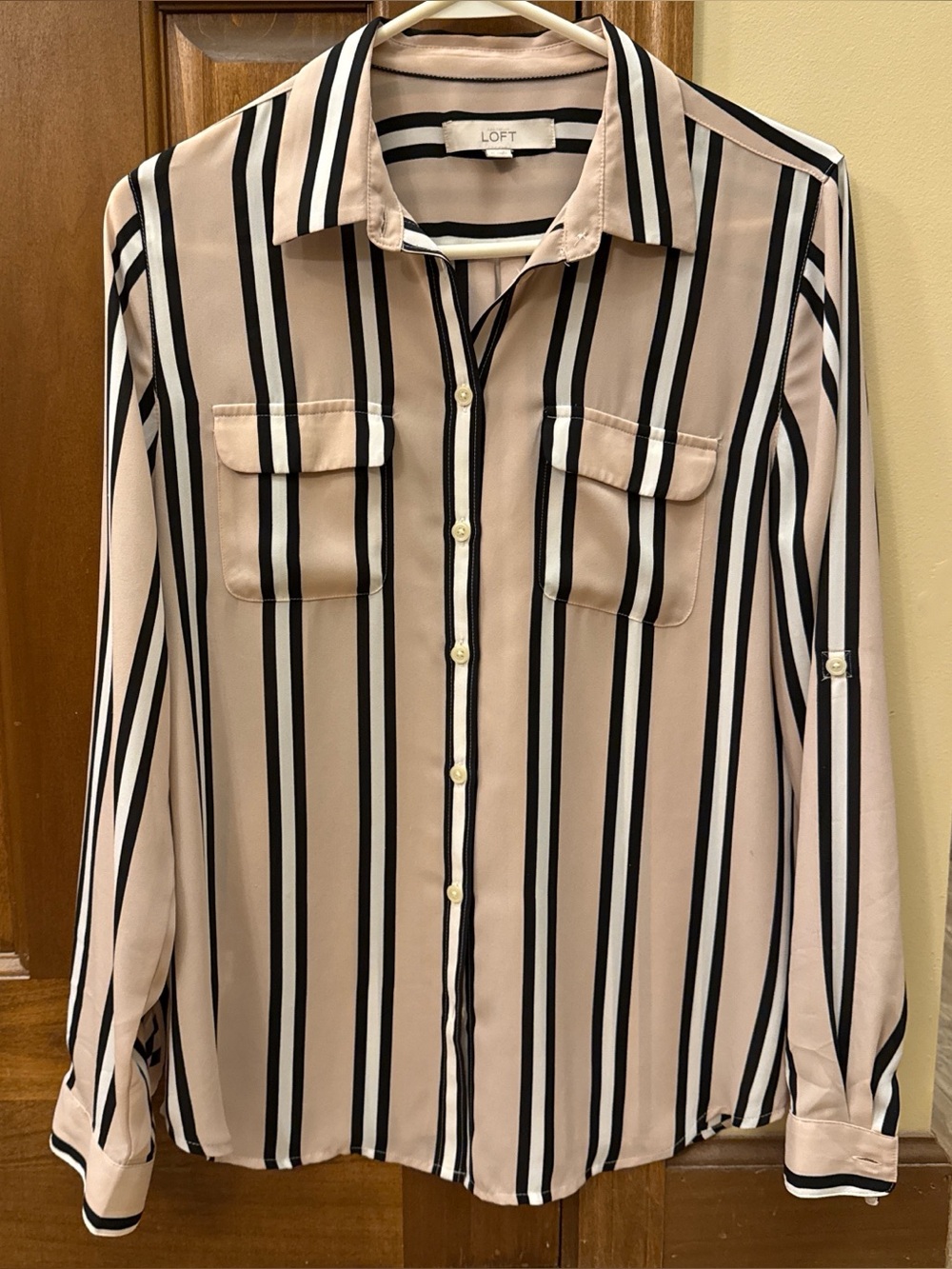 LOFT Blush Pink, Black, White Vertical Stripe Button-Down Camp Shirt Medium
